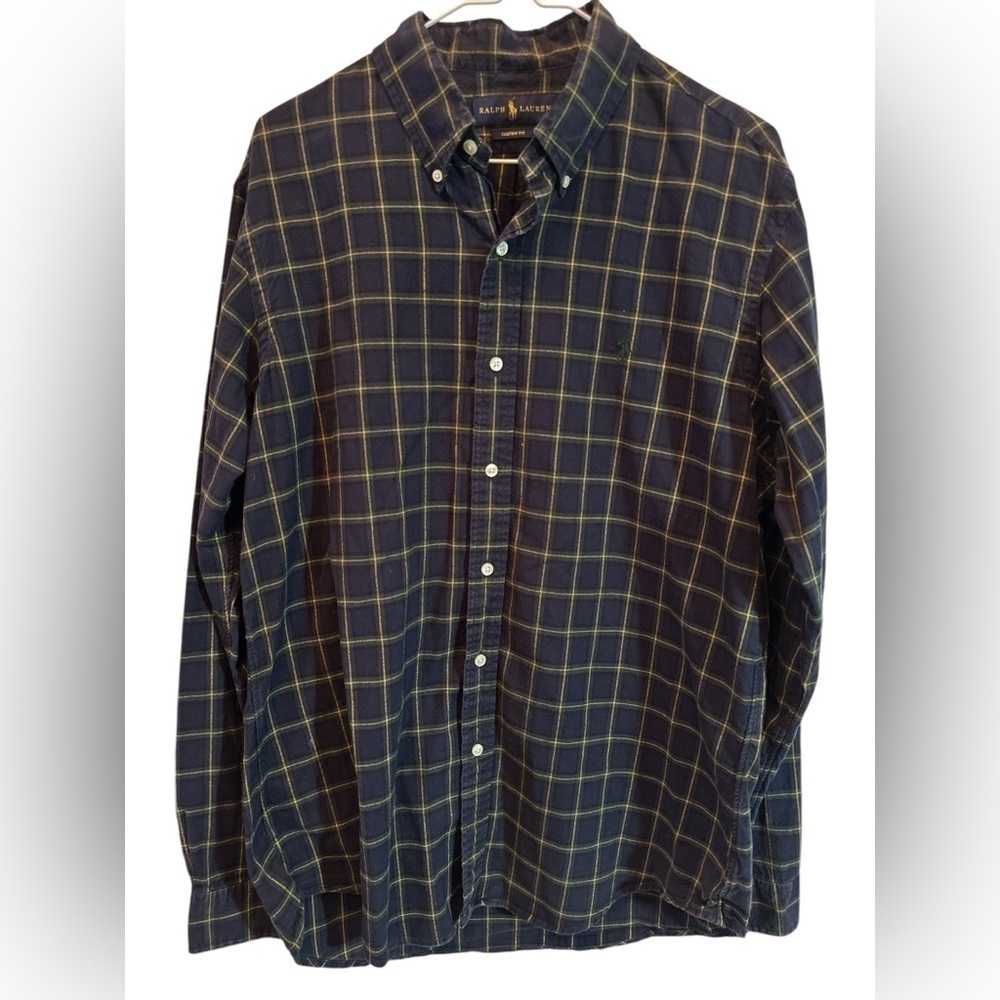 Polo Ralph Lauren Shirt Mens Lg Green Blue Windowpane Button Up L/S Casual